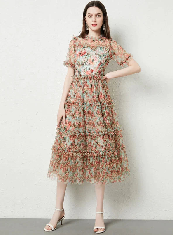 Wooden Ear Gauze Print Dress with Short Sleeves