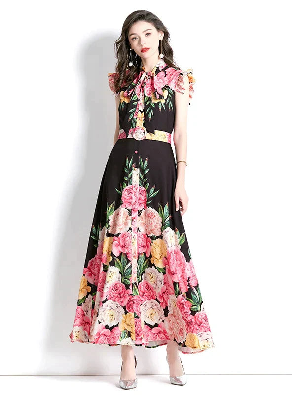 Retro Palace Long Printed Dress with Flying Sleeves