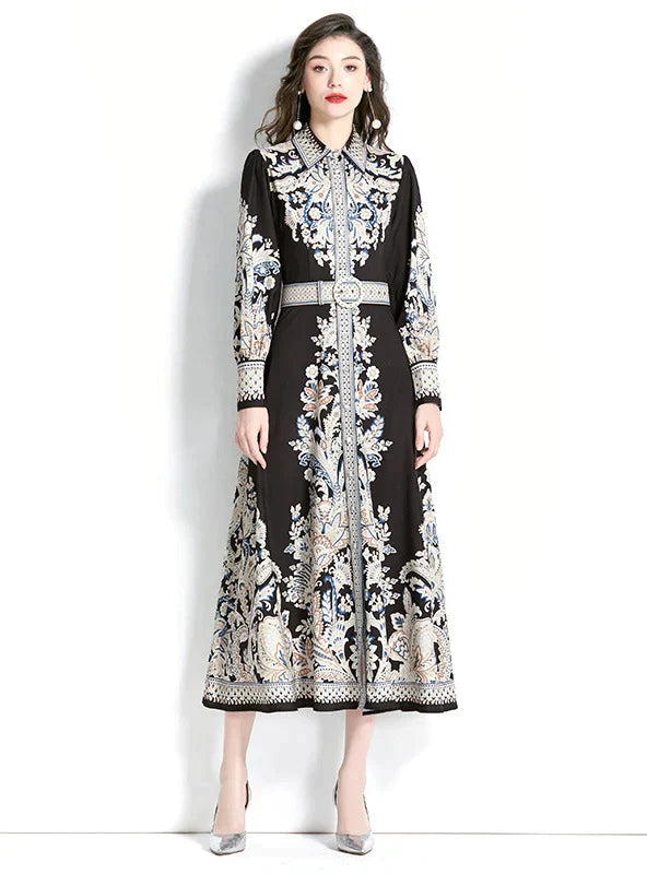 Vintage Lapel Lantern Sleeve Printed Dress