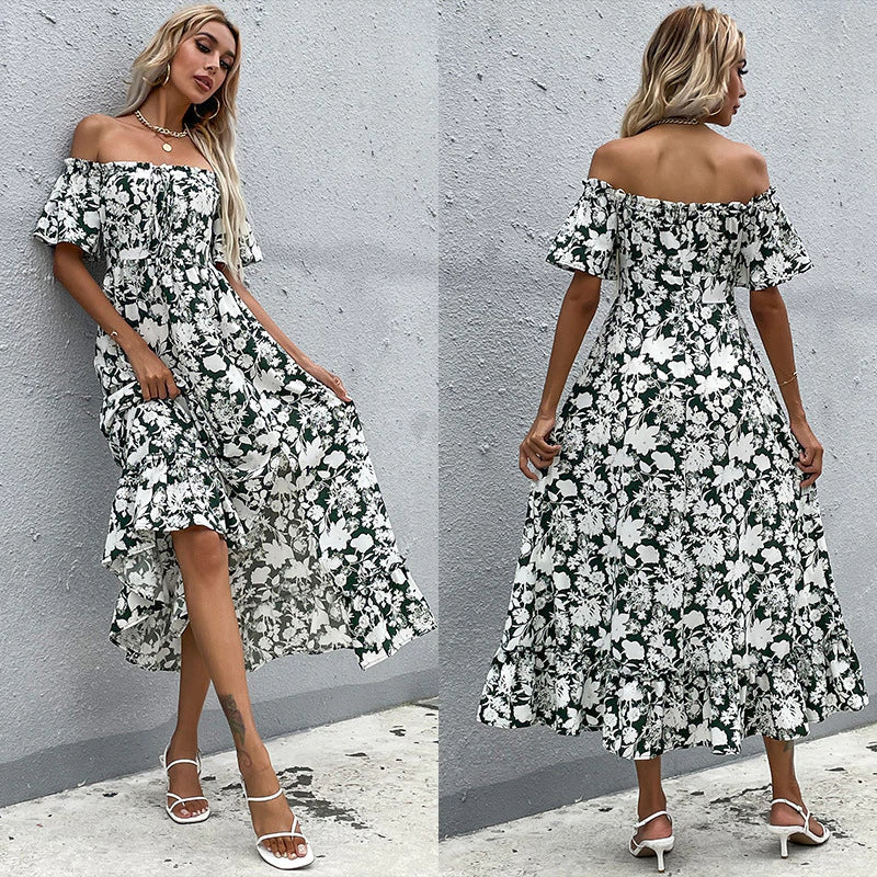 Slim-Fit Long Split Short Sleeve Dress with Print