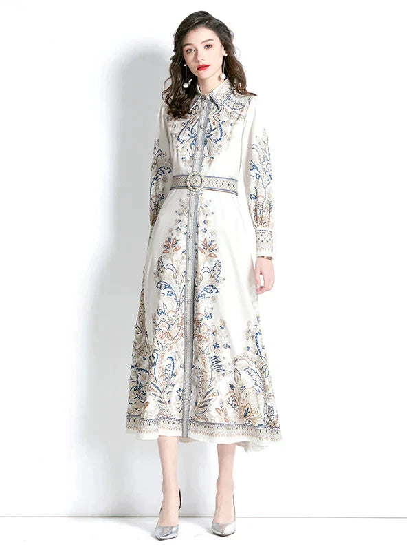 Vintage Lapel Lantern Sleeve Printed Dress