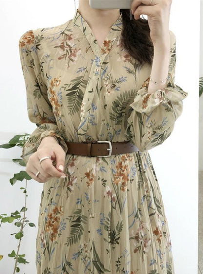 V-Neck Patterned Flare Arm Flowered Dress