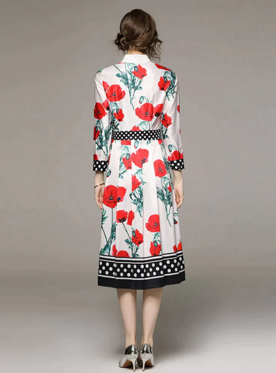 Retro Long Sleeve Lapel Slim Printed Dress