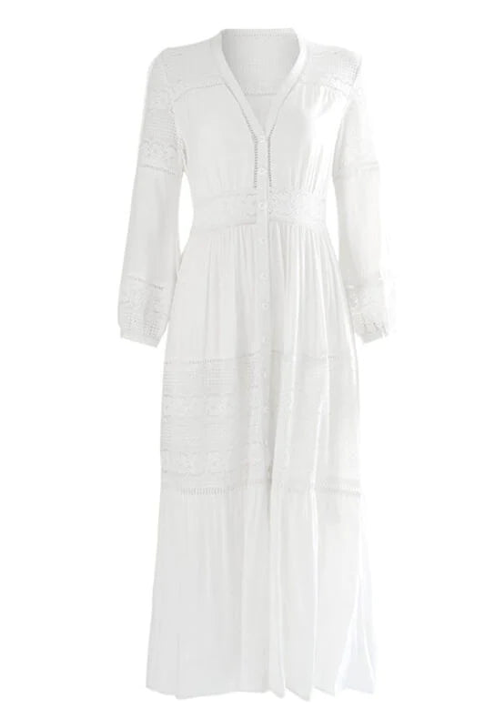 White Lace Button Down Maxi Dress with Floral Design