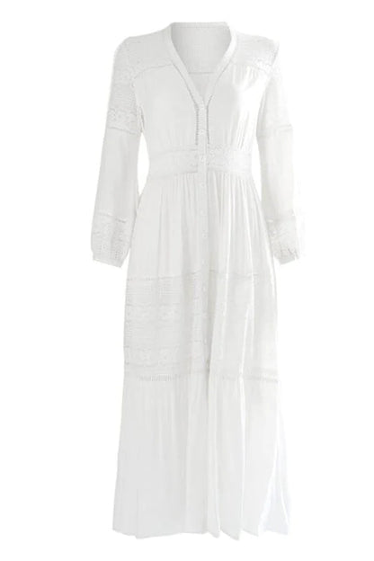 White Lace Button Down Maxi Dress with Floral Design