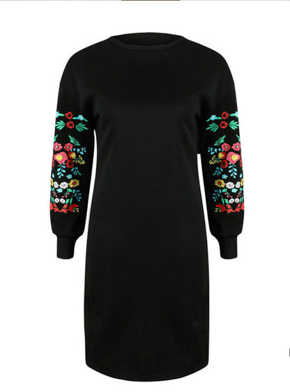 Arm Loose O-Neck Design Long Flowered Warm Dress