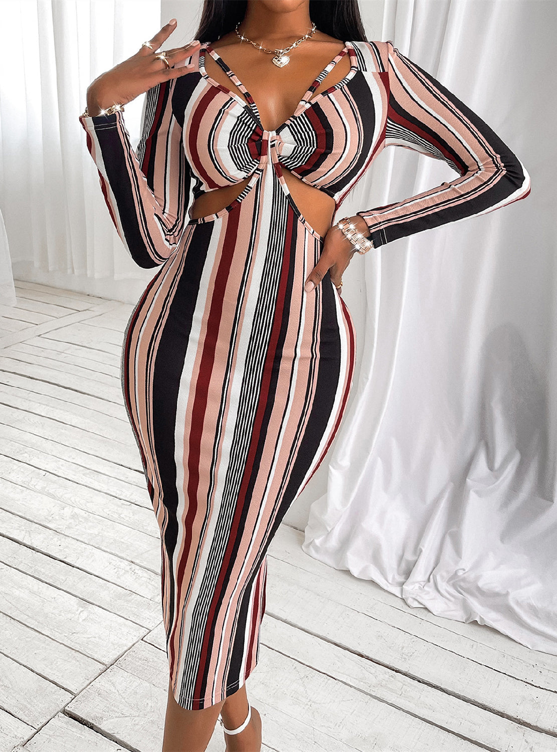 Striped Gown Long-Sleeved Chest with Wrap