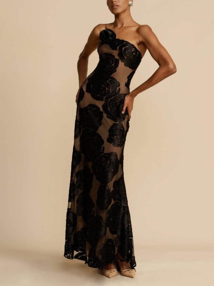 Rose Flower Three-Dimensional Charming Burnt Flower Maxi Dress