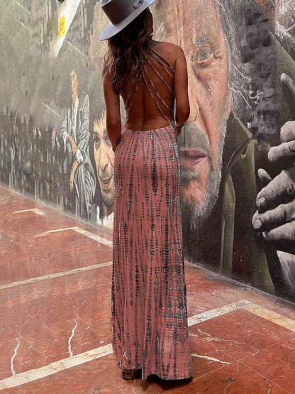 Tie-dye Print Back Charming Lace-up Stretch Maxi Dress