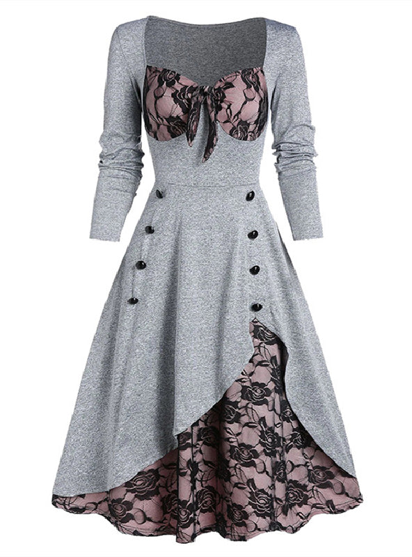 Vintage Lace Button-Up Long Sleeve Dress