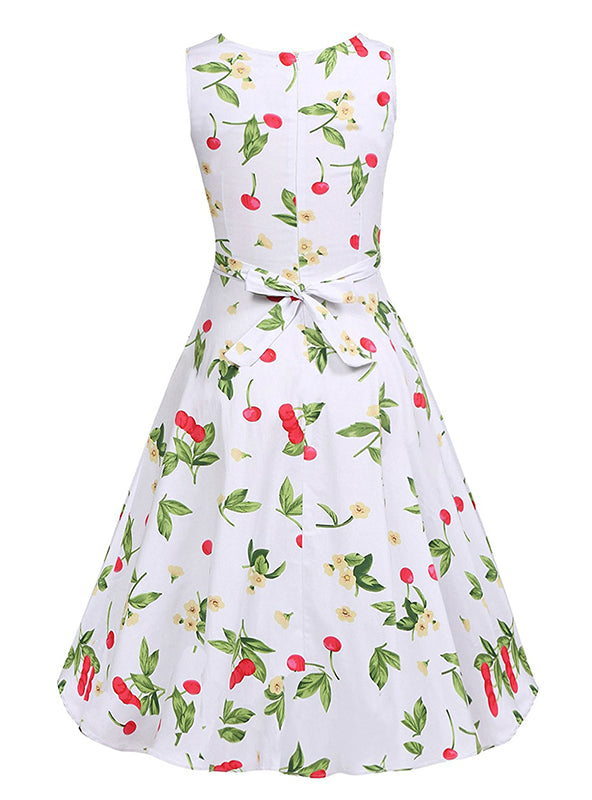 Vintage Rockabilly White Print Party Dress with Belt