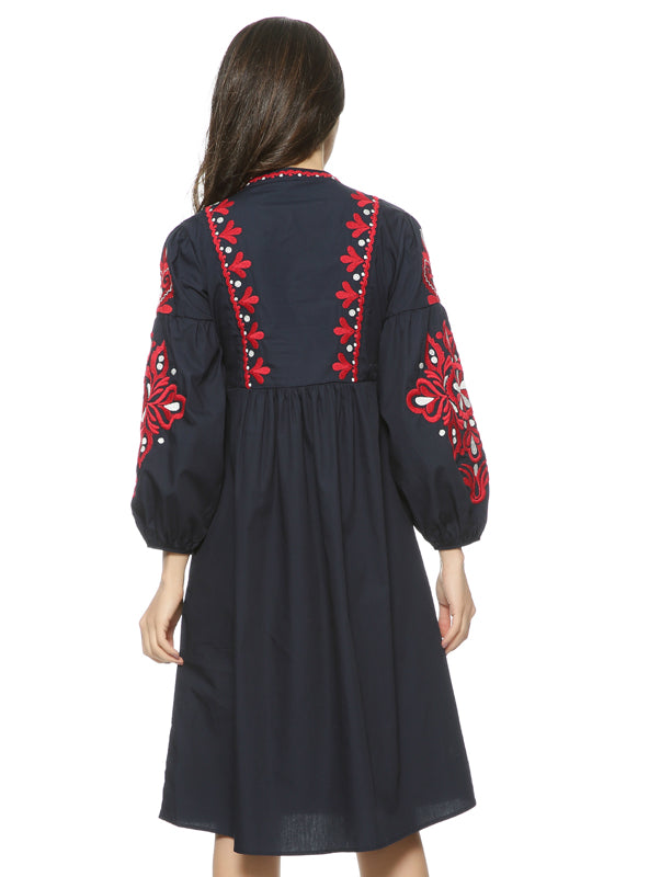 Vintage Floral Embroidery Dress with Drawstring Tie and Tassels, Long Sleeve for Women