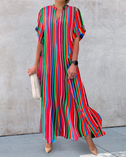 V-neck Dress in Stripe Print - Colorful