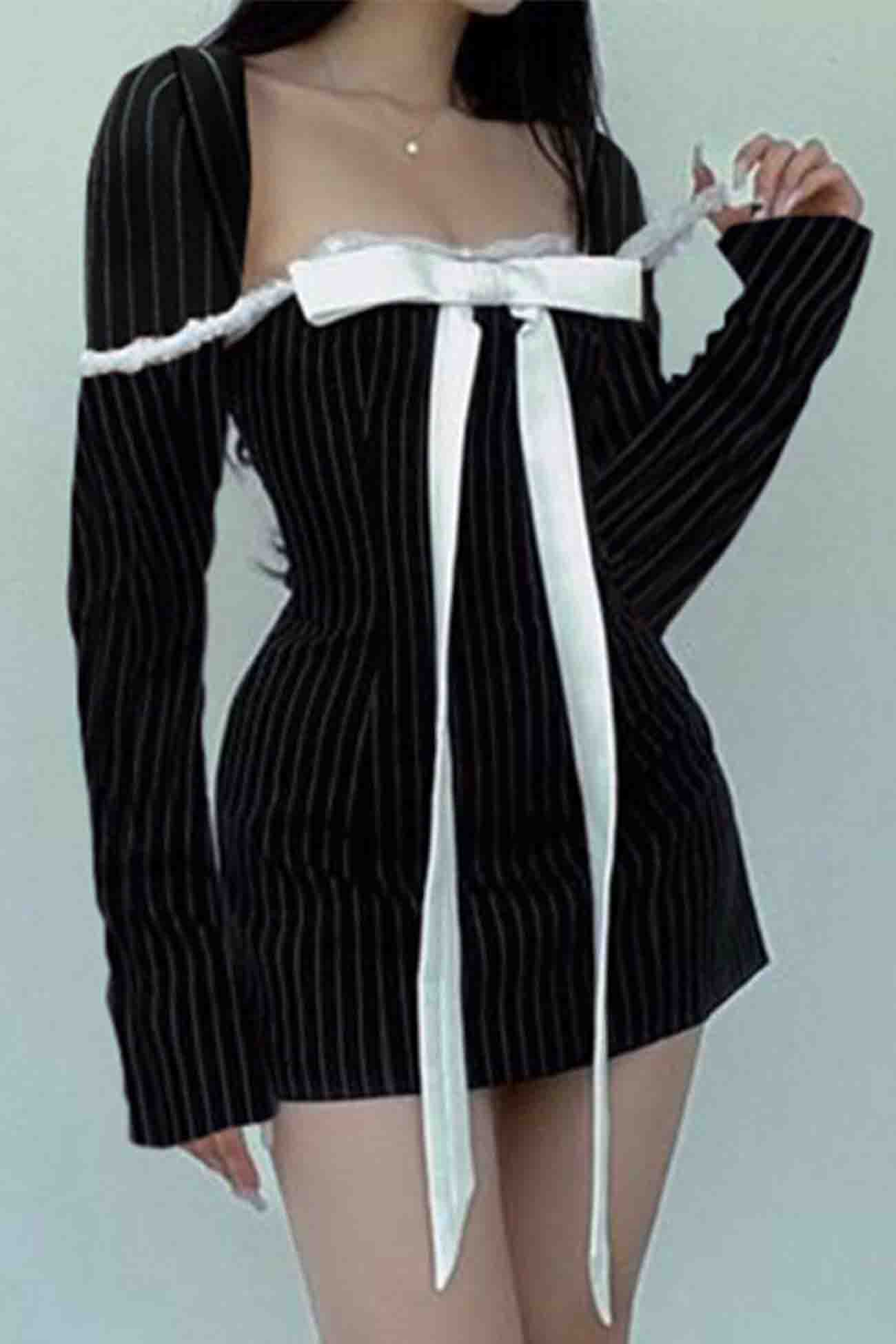 Striped Long Sleeve Mini Dress with Square Neck Bow Tie