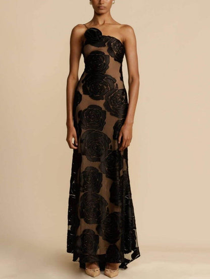 Rose Flower Three-Dimensional Charming Burnt Flower Maxi Dress