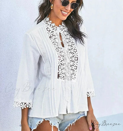3/4 Sleeve Cotton Button V-Neck Vintage Boho Blouse bohoblouse-250126