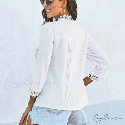 3/4 Sleeve Cotton Button V-Neck Vintage Boho Blouse bohoblouse-250126
