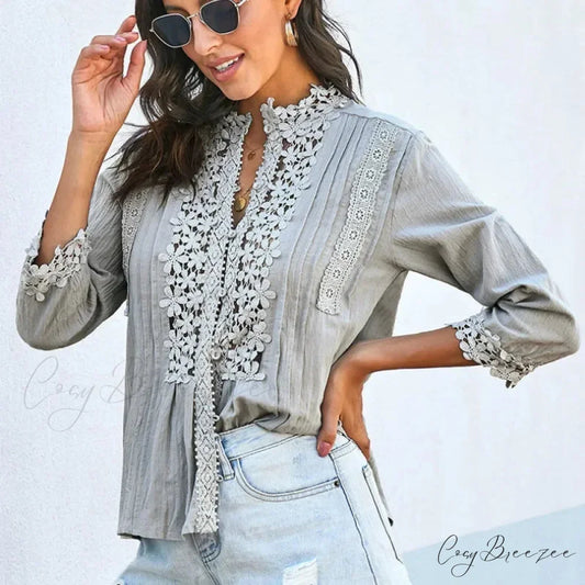3/4 Sleeve Cotton Button V-Neck Vintage Boho Blouse bohoblouse-250126