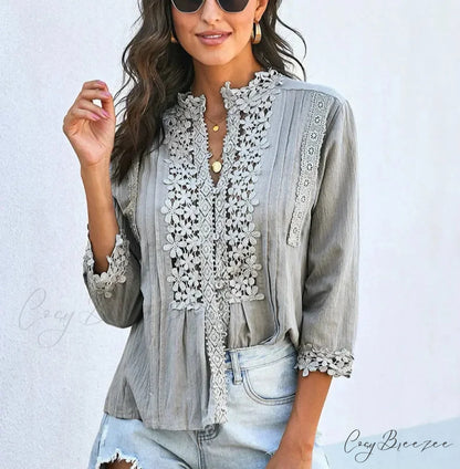 3/4 Sleeve Cotton Button V-Neck Vintage Boho Blouse GRAY / S bohoblouse-250126