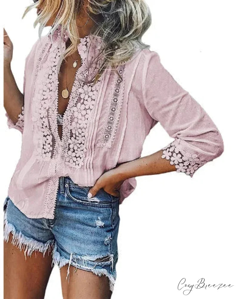 3/4 Sleeve Cotton Button V-Neck Vintage Boho Blouse Pink / S bohoblouse-250126