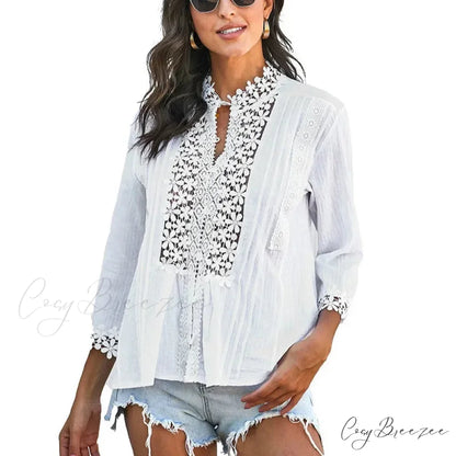 3/4 Sleeve Cotton Button V-Neck Vintage Boho Blouse WHITE / S bohoblouse-250126