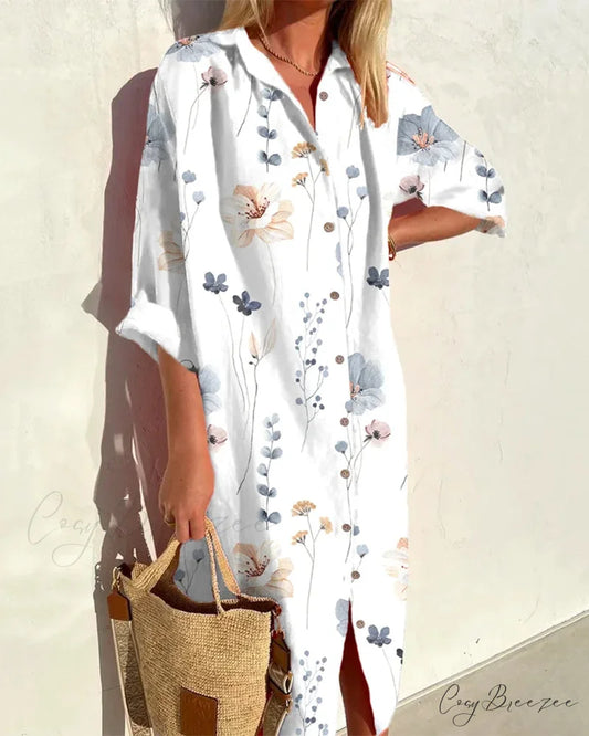 3/4 Sleeve Shirt Dress with Print White / S