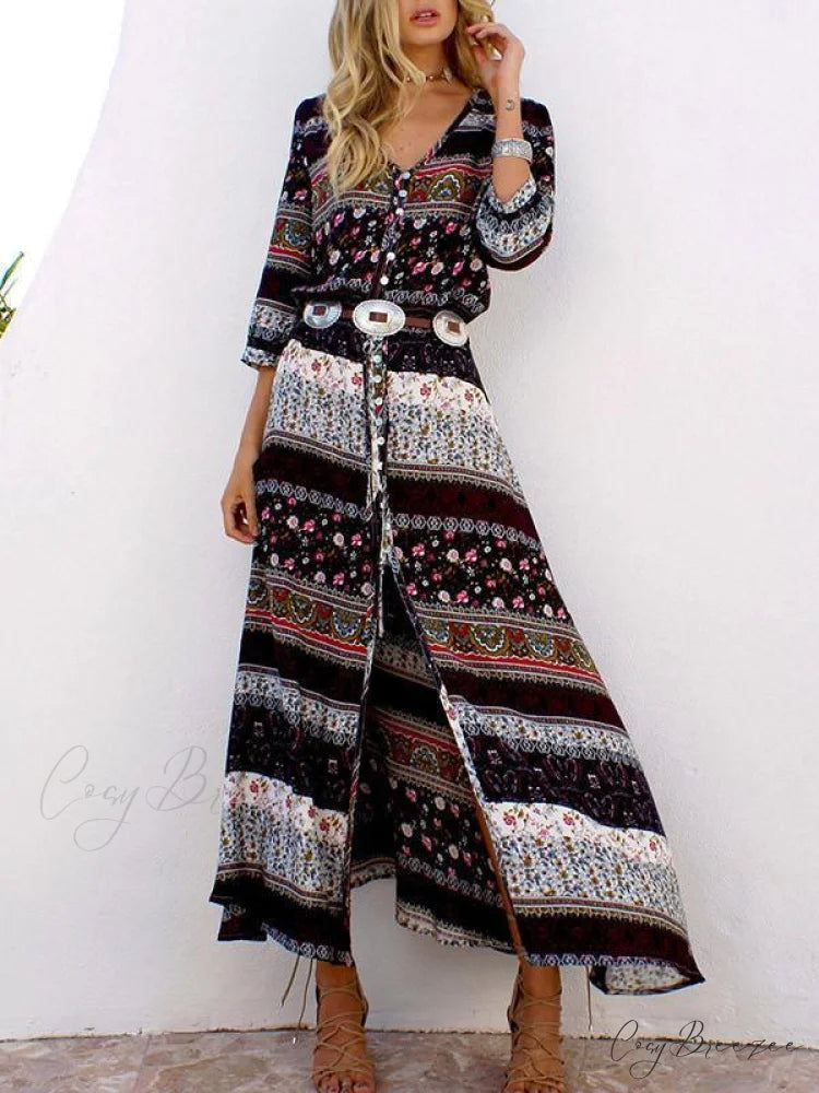 3/4 with V and Full-Length Bohemia Gown Flowered Sleeves Chiffon Neck L / Coffee