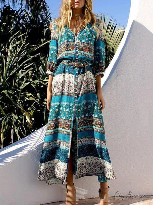 3/4 with V and Full-Length Bohemia Gown Flowered Sleeves Chiffon Neck M / Peacock-Blue
