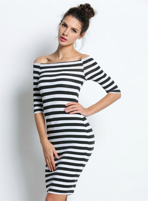 Short Sleeve Striped Sheath Dress