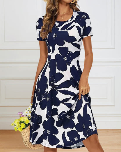 Round Neck Short Sleeve Dress with Print