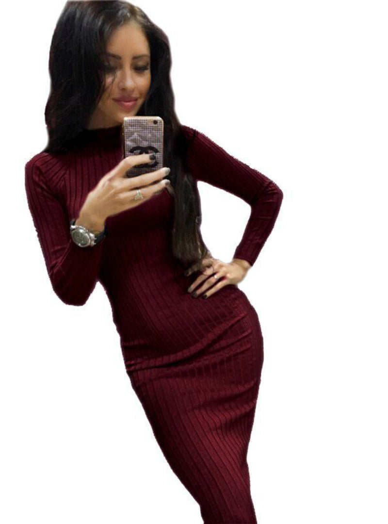 Red Knitted Casual Cotton Long Sleeve Midi Dress