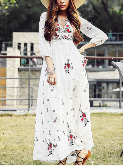 Tassel Embroidery Full-Length Flowered Dress