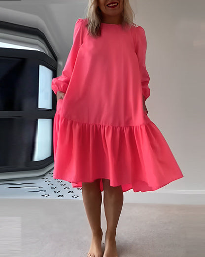 Round Neck Long Sleeve Dress - Solid Color