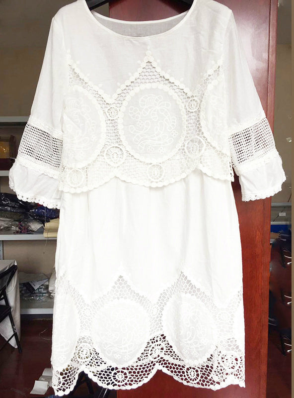 White Lace Dress with Half Sleeves and O-neck for Women