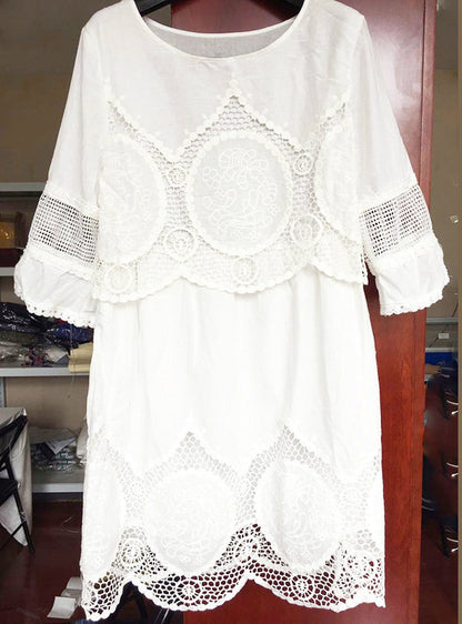 White Lace Dress with Half Sleeves and O-neck for Women