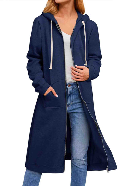 Zip Up Hooded Long Drawstring Cardigan