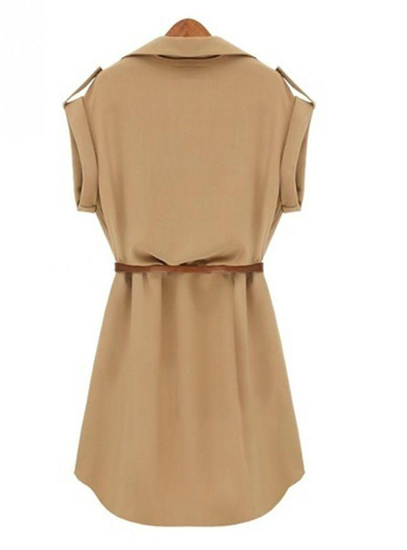 Short Sleeve Women's Shirt Blouse Dress with Belt