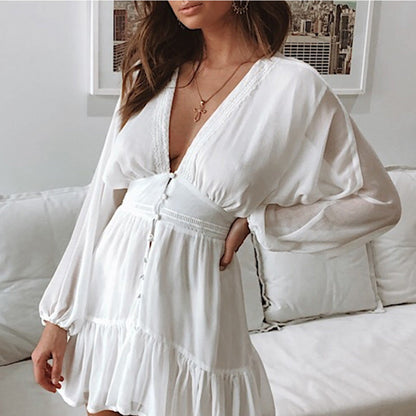 White Lace Sexy Plunge V Neck Long Sleeve Mini Party Dress