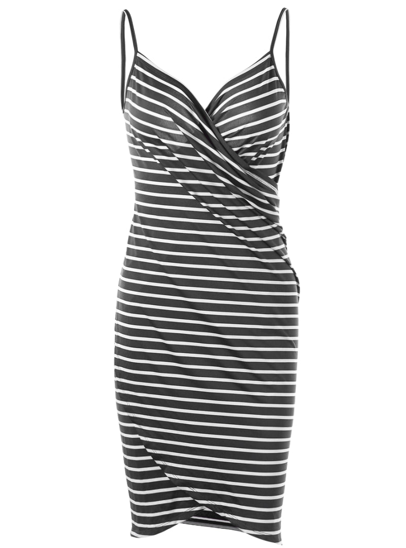 Women's Knee-length Striped Dress with V-neck and Spaghetti Straps