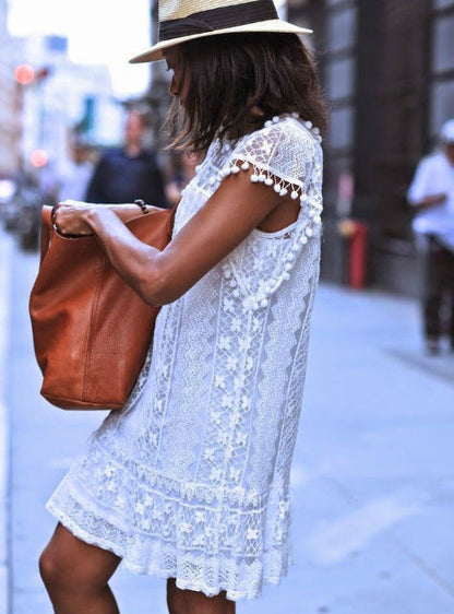 Beach Short Dress with Tassel in Black and White - Mini Lace Dress