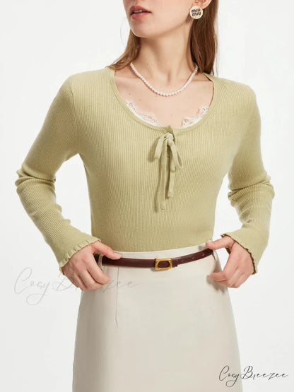 3.9% Wool U-neck Lace-Up Slim Sweater Green / XS swraters-241228