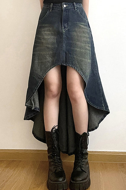 with Irregular Skirt Denim Distressed High Rise Wash