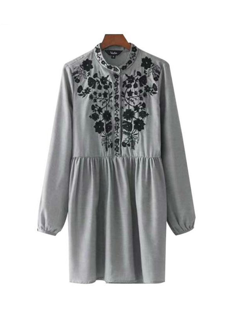 and Long Flowered Gown O Sleeves with Casual Folded Embroidery Neck - Mini Dress