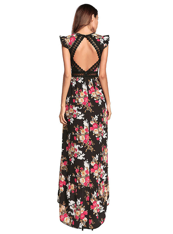 Bohemian Irregular Flowered Design V-Neck Dress