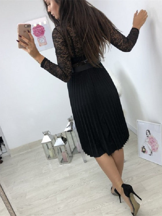 Women's Long Sleeve Casual Lace Pleated Black Ribbon Hollow Chiffon Midi Dress