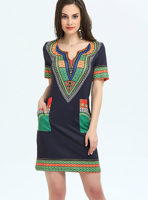 Vintage Mini Hippie Print Shirt Dress for Women