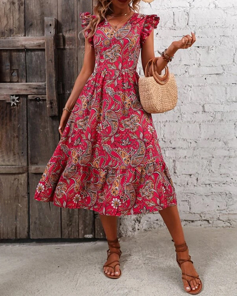 V-neck short-sleeved dress with print