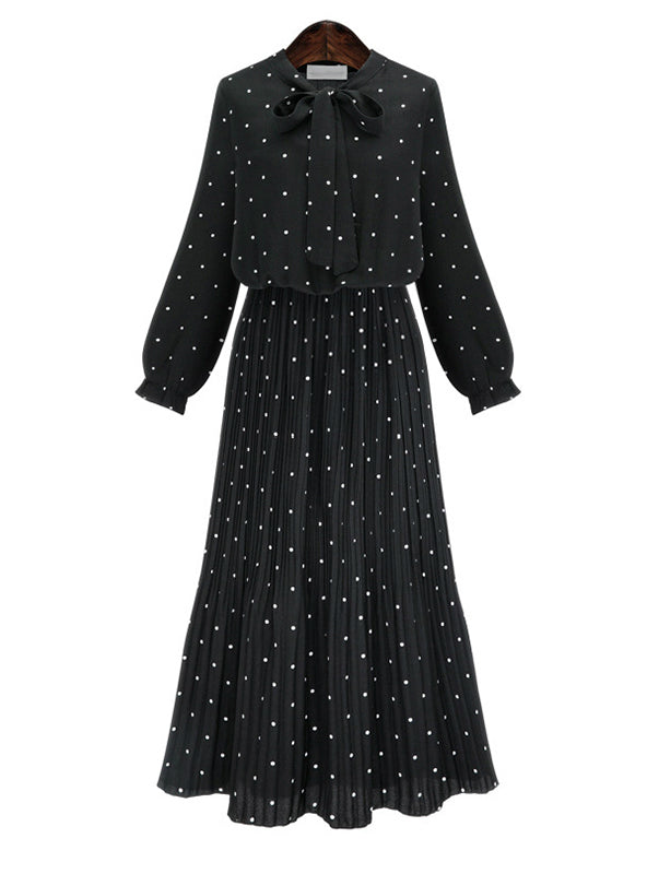 Solid Black Chiffon Dot Loose Big Size Dress with Long Sleeves