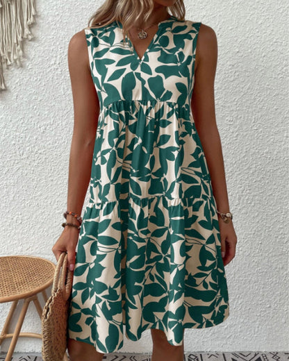 Sleeveless Dress with Leaves Print