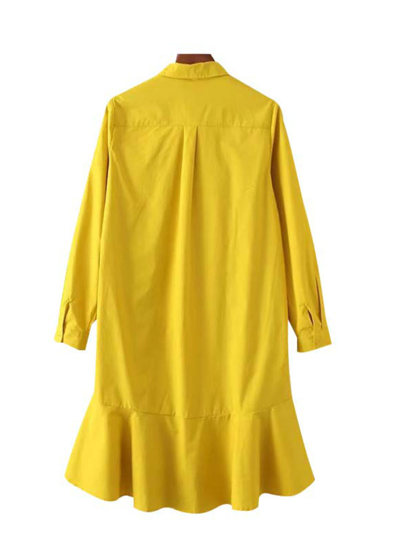 Yellow White Long Sleeve Dress with Turn Down Collar